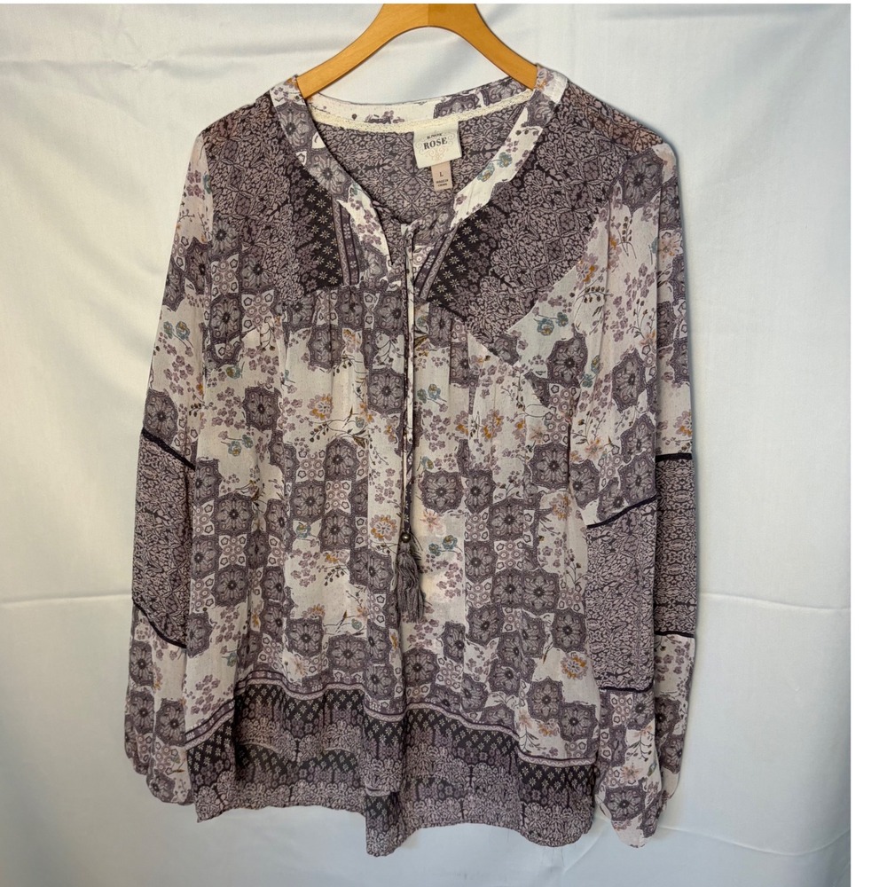 Knox‎ Rose Womens Purple Boho Patchwork Floral Tassel Tie Peasant Blouse Large